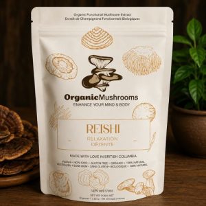 Premium Organic Reishi Mushroom Powder in a 60g resealable pouch. Organic, vegan-friendly functional mushroom supplement made in Canada for convenient daily use.