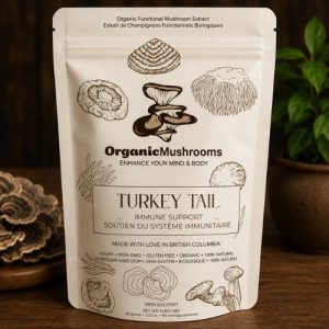 Premium Organic Turkey Tail Mushroom Powder in a 60g resealable pouch. Organic, vegan-friendly functional mushroom supplement made in Canada for convenient daily use.