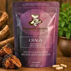 Premium Organic Chaga Capsules 10:1 Extract – 120 Capsules, organic functional mushroom supplement made in Canada. Vegan-friendly, high-potency chaga extract in a convenient capsule format.