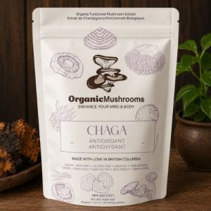 Premium Organic Chaga Mushroom Powder in a 60g resealable pouch. Organic, vegan-friendly functional mushroom supplement made in Canada for convenient daily use.