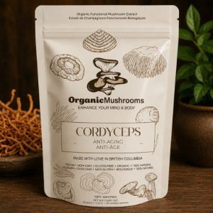 Premium Organic Cordyceps Mushroom Powder in a 60g resealable pouch. Organic, vegan-friendly functional mushroom supplement made in Canada for convenient daily use.