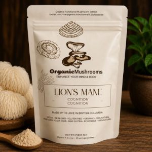 Premium Organic Lion's Mane Mushroom Powder in a 60g resealable pouch. Organic, vegan-friendly functional mushroom supplement made in Canada for convenient daily use.